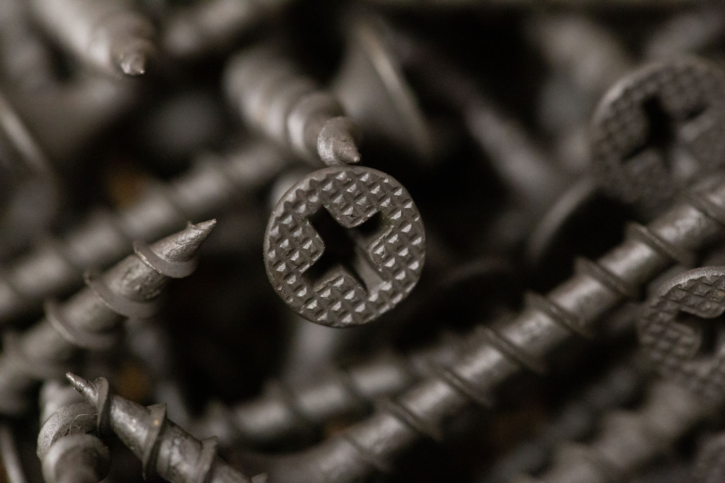 Close-up of dark screw heads